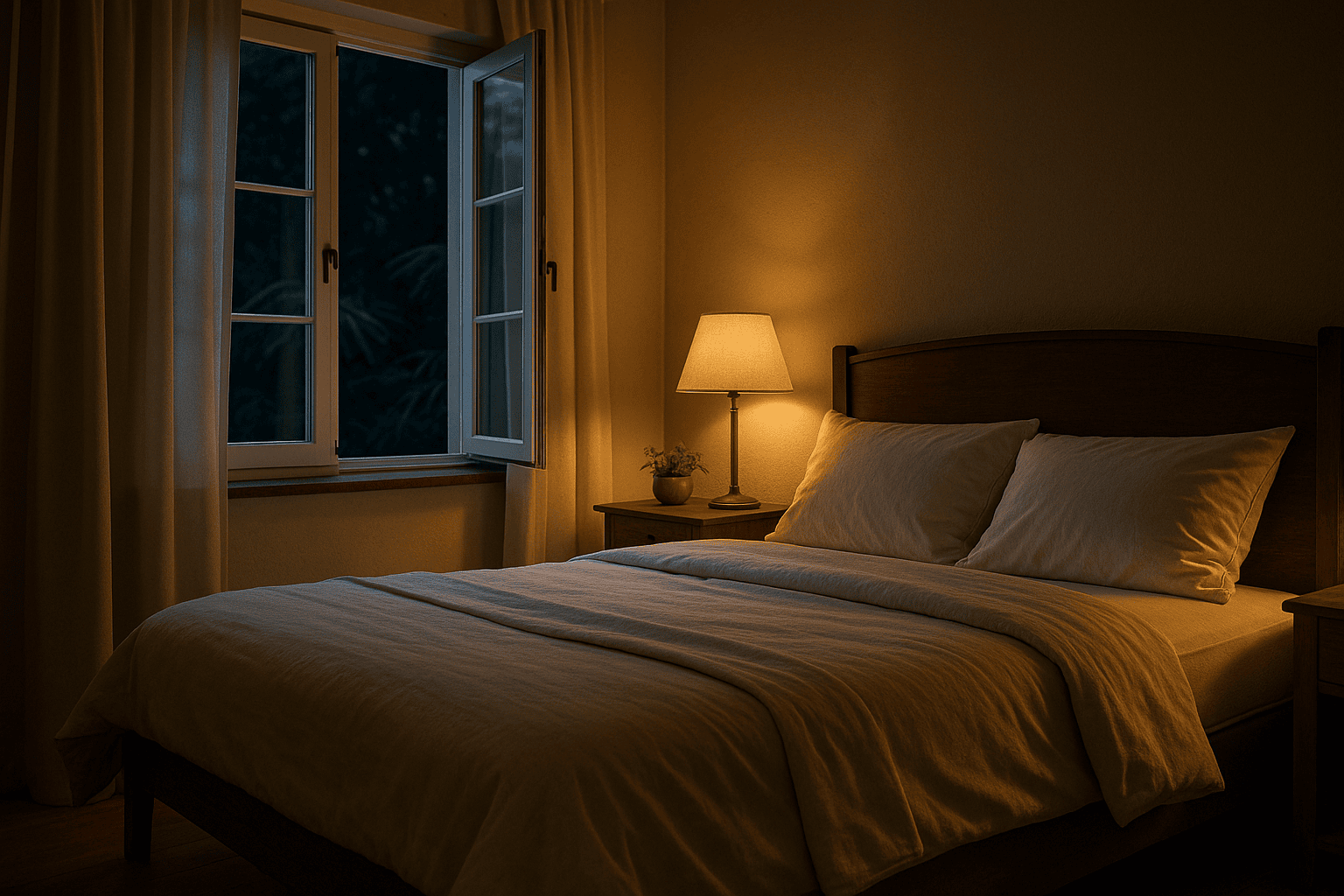 Cozy bedroom at night with breathable bedding and warm lighting.