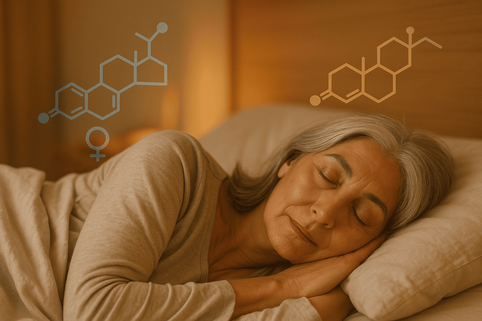 Midlife woman with silver hair sleeping peacefully under a blanket, hormone icons for estrogen and progesterone overlaid, warm bedroom lighting.