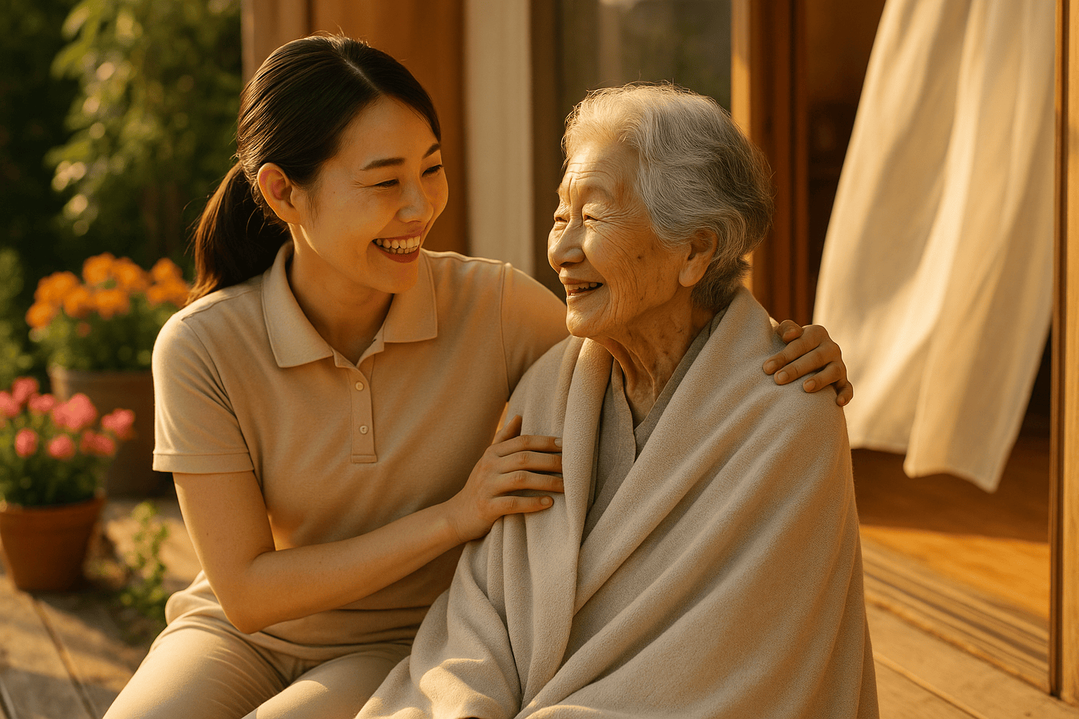 Caregiver and older adult sitting together on a porch in the late afternoon sun.