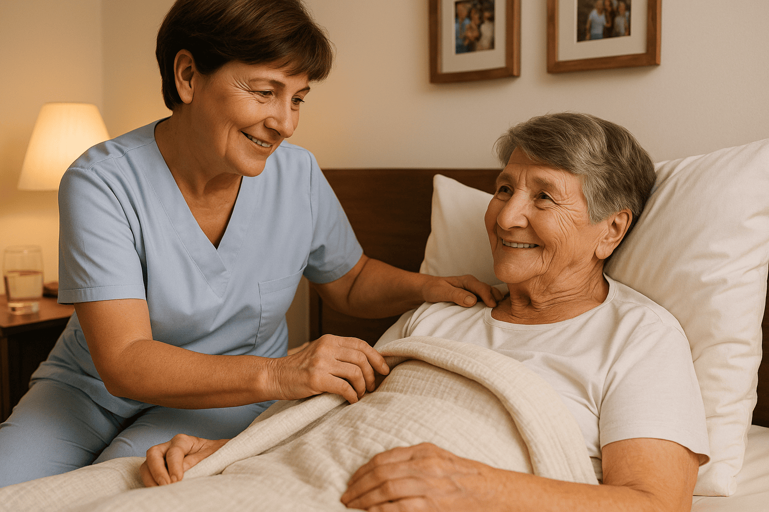 Caregiver tucking in an older adult in bed under warm lighting with familiar bedroom details.