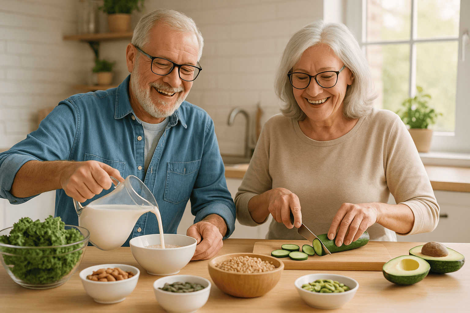 Senior couple preparing magnesium-rich breakfast foods in a bright kitchen