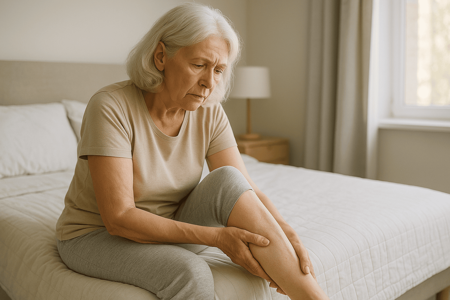 Senior woman massaging her calf in the morning light, possibly from a muscle cramp