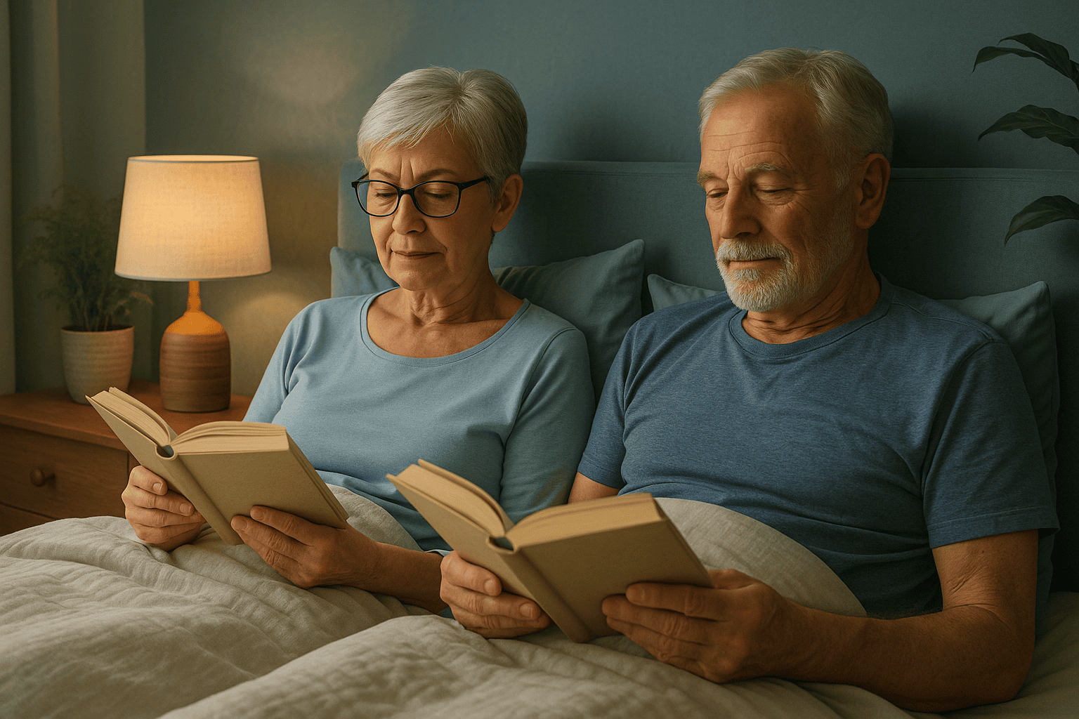 Senior couple reading in bed under warm lighting in a calm, sleep-friendly bedroom