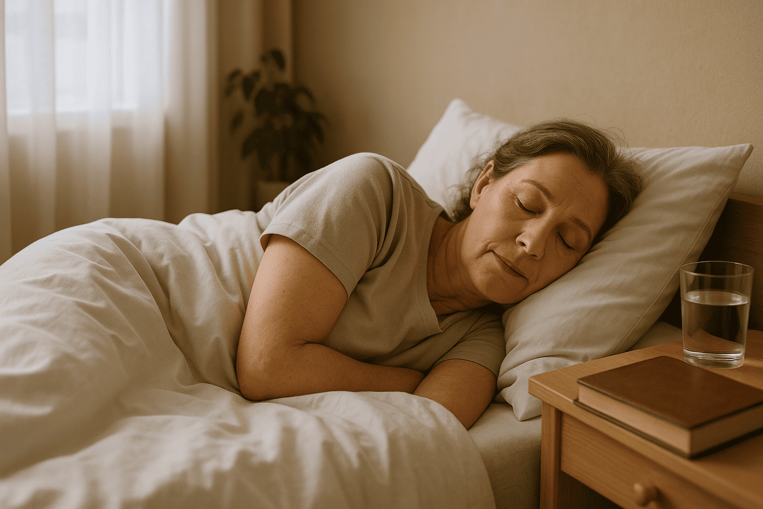 Caregiver sleeping peacefully in a cozy, softly lit bedroom with morning light filtering through curtains.