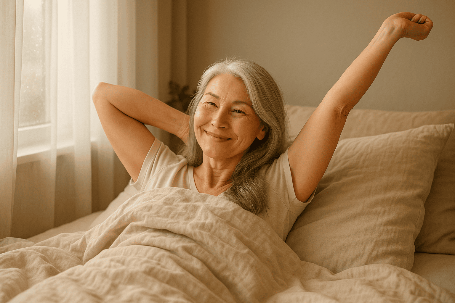 Smiling midlife woman with silver hair stretching in bed on a sunny morning.