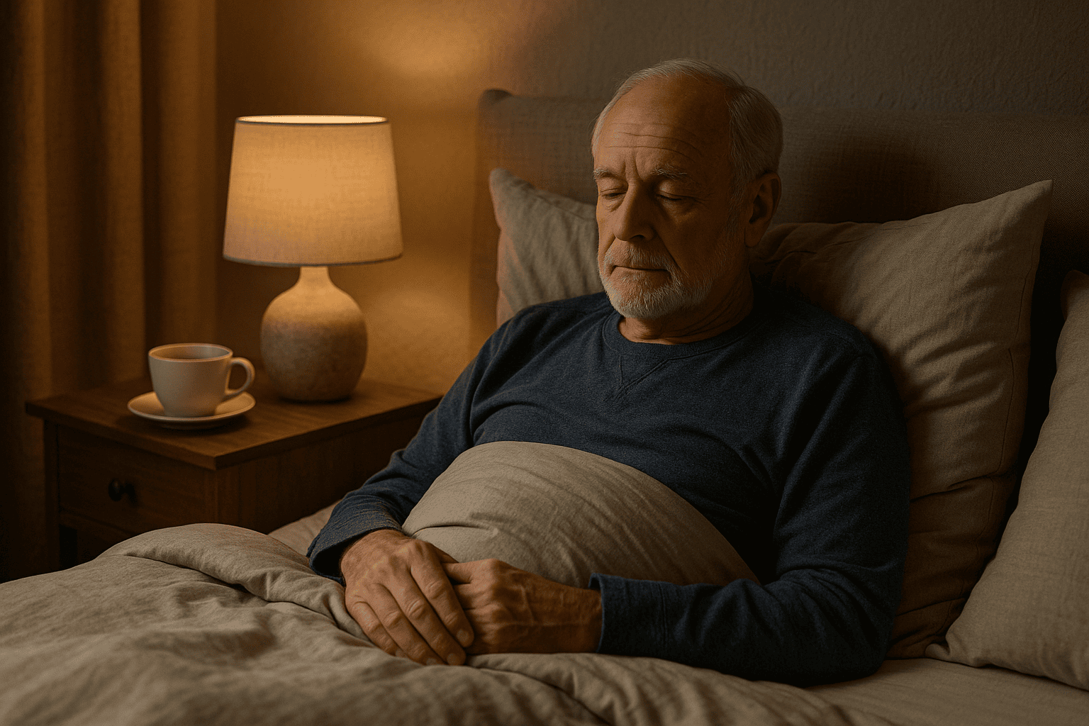 Senior man winding down at night in a softly lit bedroom with tea on the nightstand