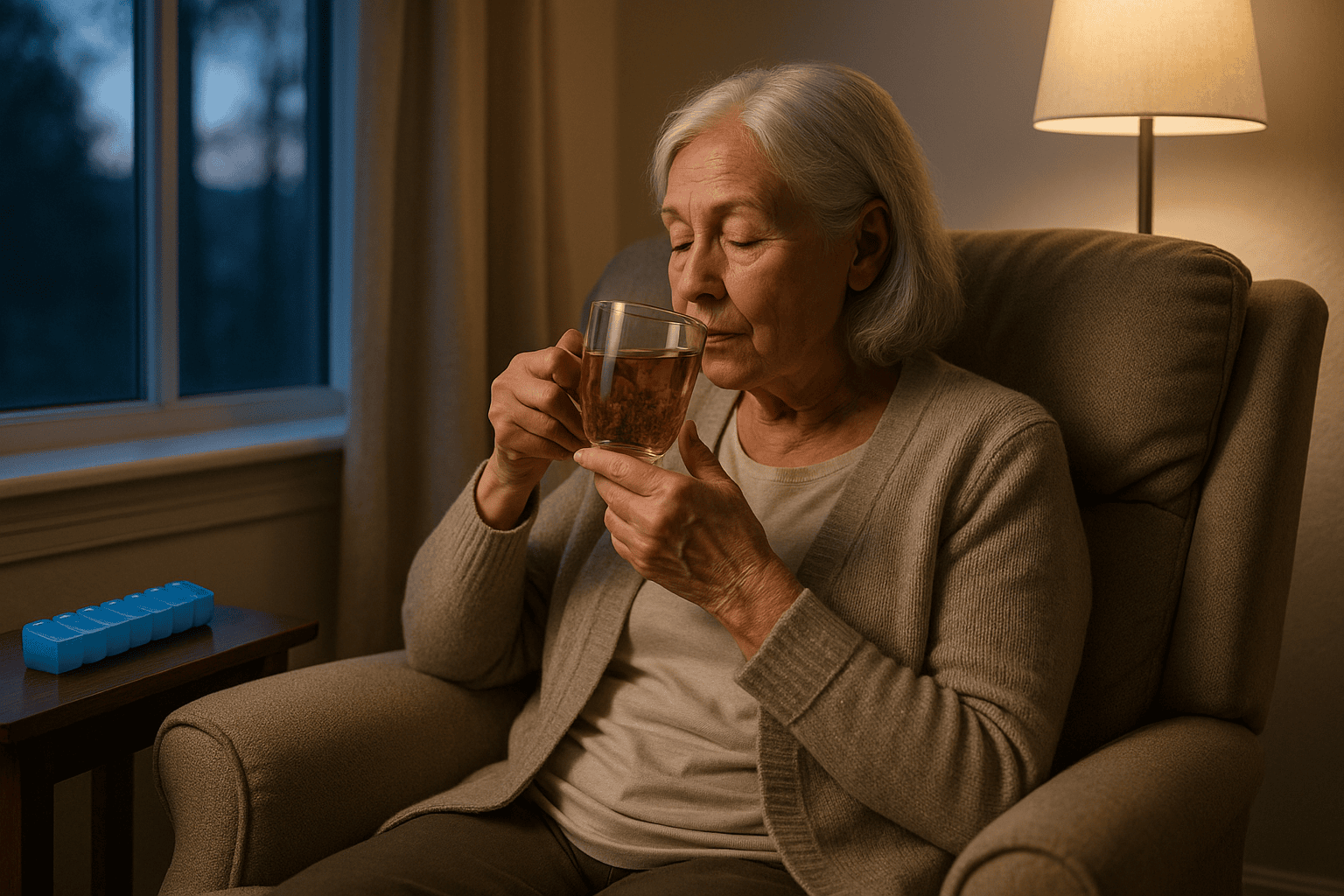 Senior woman drinking tea in an armchair with a pill organizer nearby