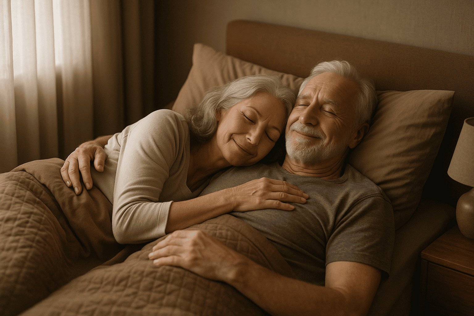 Senior couple sleeping peacefully in bed with soft morning light filtering in