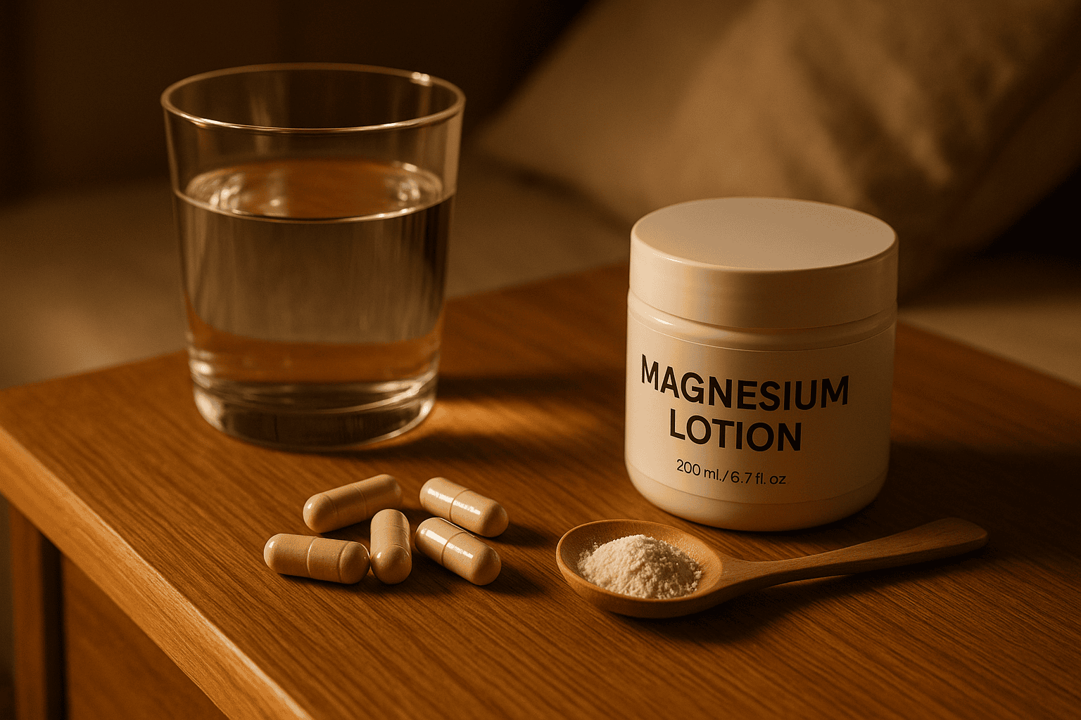 Selection of magnesium supplements on a bedside table with warm evening lighting