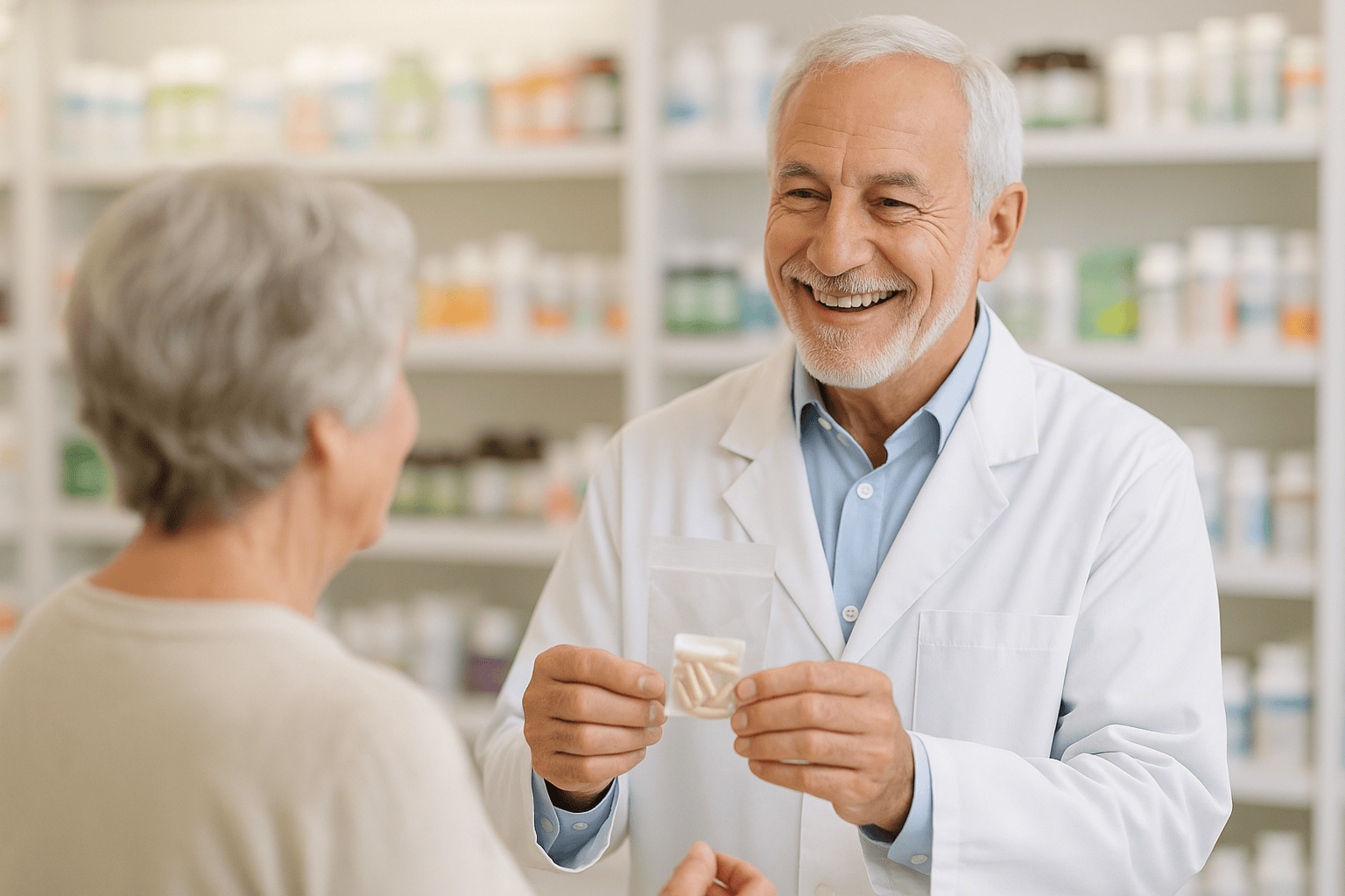 Senior pharmacist handing supplements to a smiling senior woman in a bright pharmacy