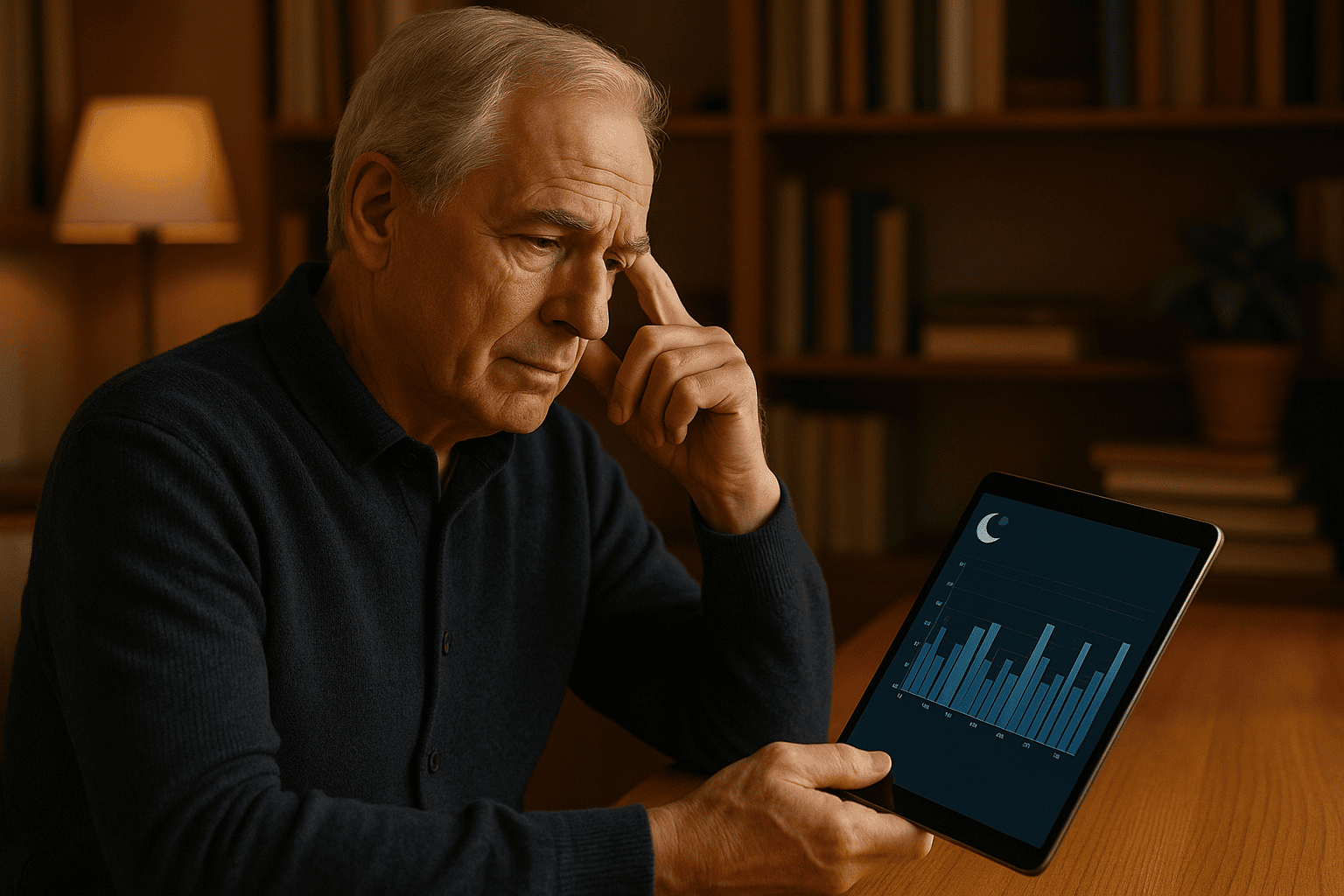 Senior man reviewing sleep data on a tablet in a warmly lit study