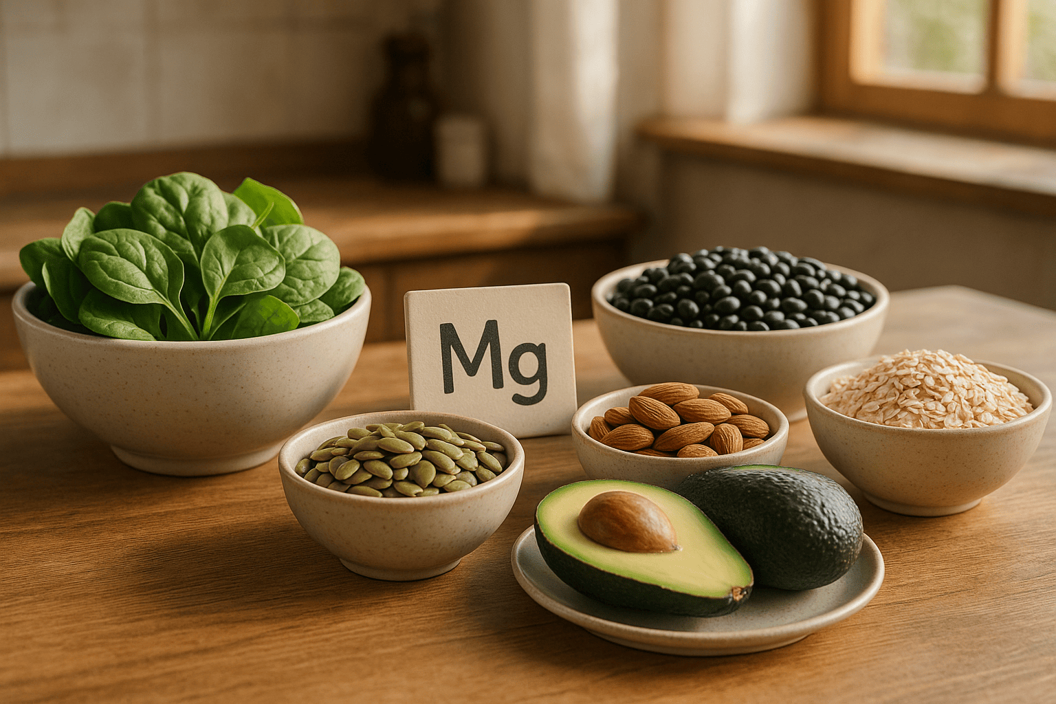 Magnesium-rich foods like spinach, pumpkin seeds, and almonds on a kitchen counter