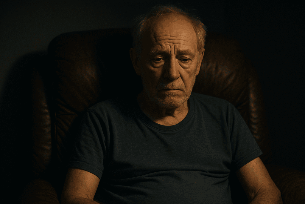 Elderly man sits awake at night while dealing with mental health issues.