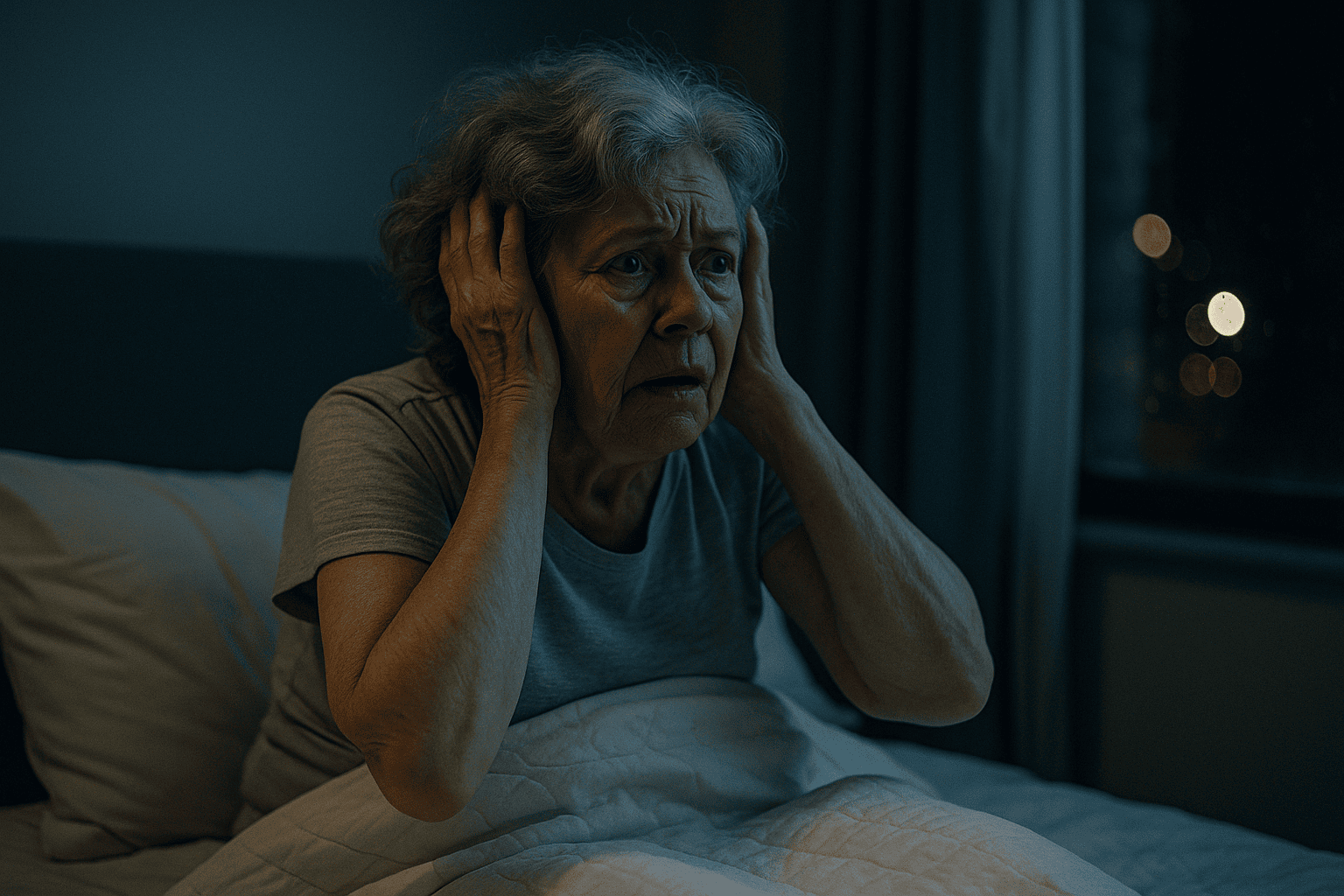 Elderly woman struggles with sleep due to environmental noise.