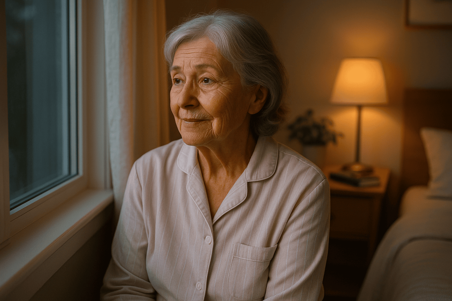 Older adult sitting by a bedroom window at dusk, reflecting on the day, with warm light and a calm, tidy room.