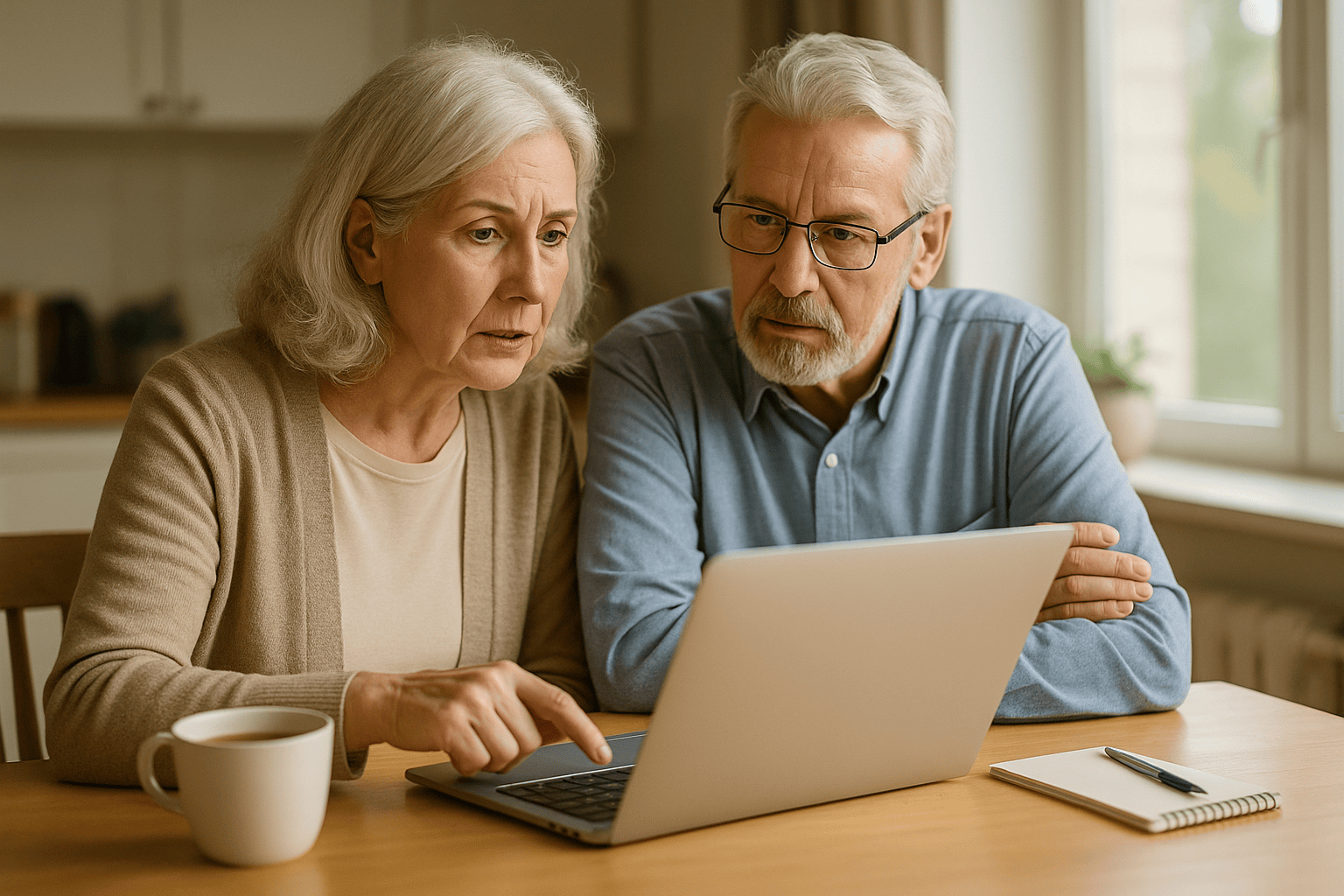 Senior couple reviewing sleep and inflammation health information at a kitchen table.
