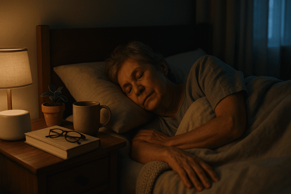 Older woman sleeping comfortably in a softly lit bedroom; warm bedside lamp with a mug, book, and small plant on the nightstand.