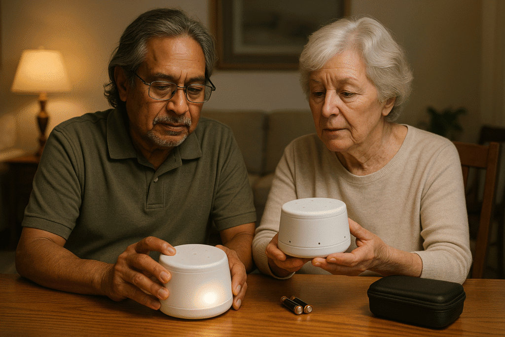 Senior couple comparing two white noise machines at a dining table; one unit with batteries beside it and the other next to a small travel case.