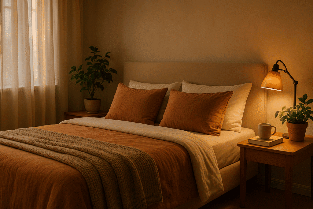 Warm and cozy bedroom setup with soft lighting and earthy tones, perfect for a calming bedtime routine for seniors.