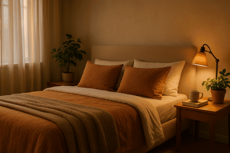 Warm and cozy bedroom setup with soft lighting and earthy tones, perfect for a calming bedtime routine for seniors.