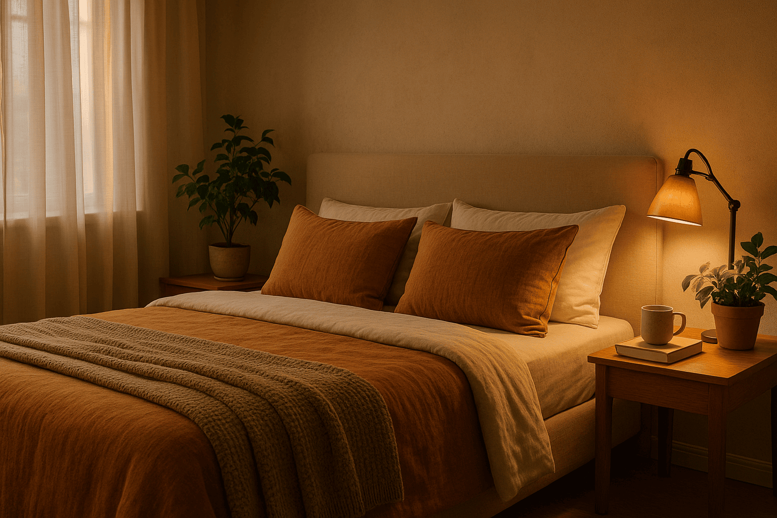 Warm and cozy bedroom setup with soft lighting and earthy tones, perfect for a calming bedtime routine for seniors.