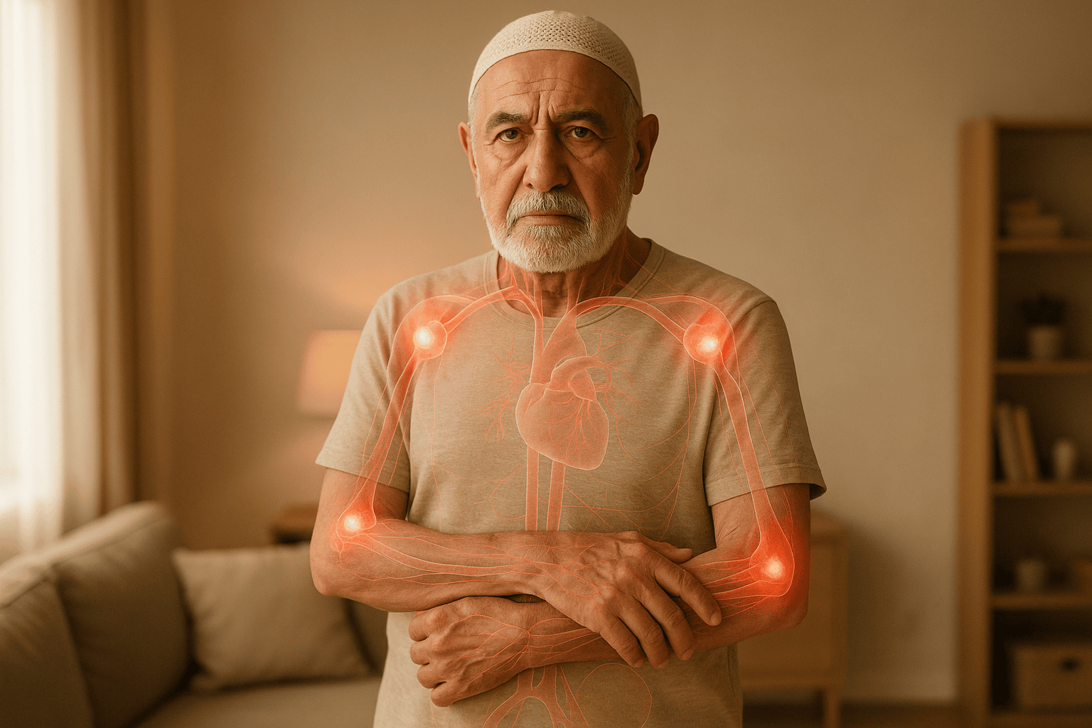 Senior man with medical illustration overlay showing inflamed joints and circulatory system.