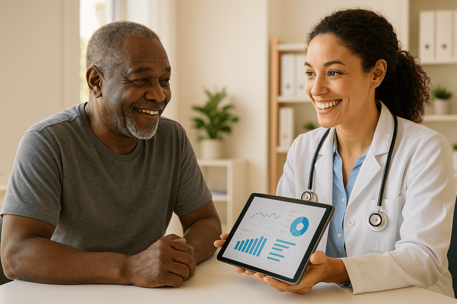 Senior man talking with a female doctor in a bright medical office.