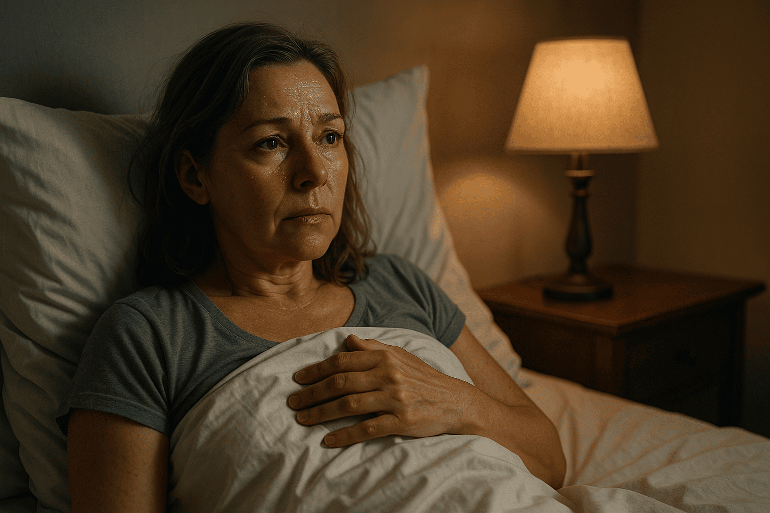 Midlife woman waking in the night with beads of sweat on her forehead.