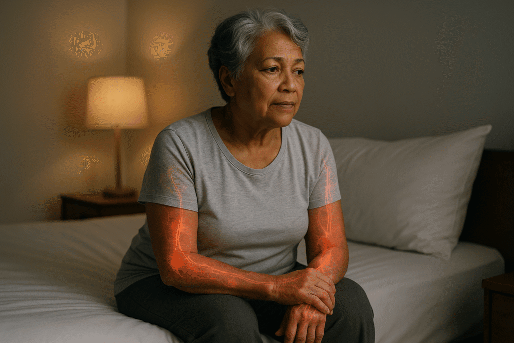 Senior woman sitting on the edge of her bed at night, soft lighting, visual concept of chronic inflammation and poor sleep.
