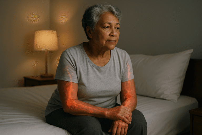 Senior woman sitting on the edge of her bed at night, soft lighting, visual concept of chronic inflammation and poor sleep.