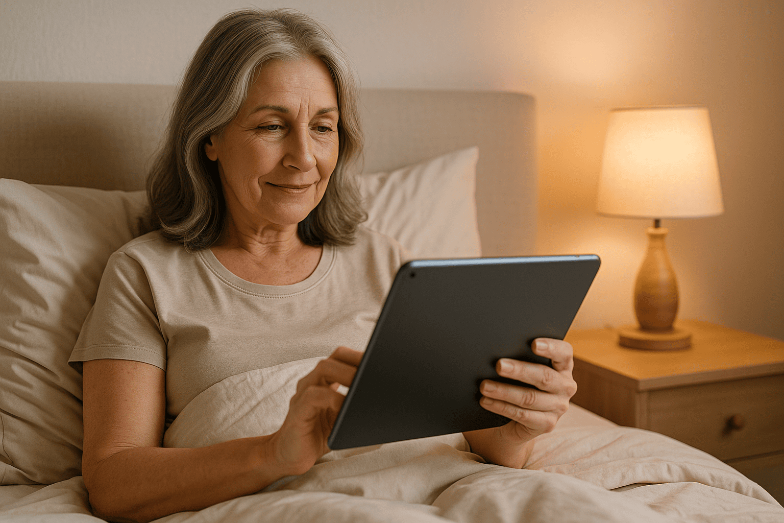 Midlife woman using a tablet in bed, warm bedside lamp light, neutral bedding.