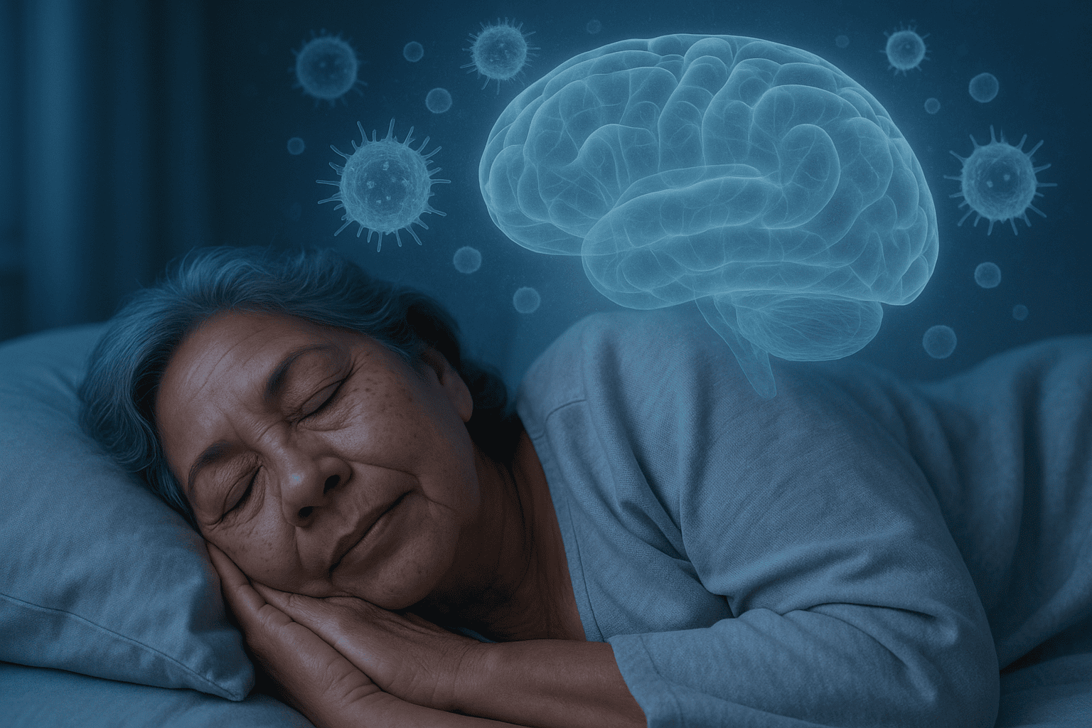 Senior woman sleeping peacefully with overlay showing brain activity and immune response.