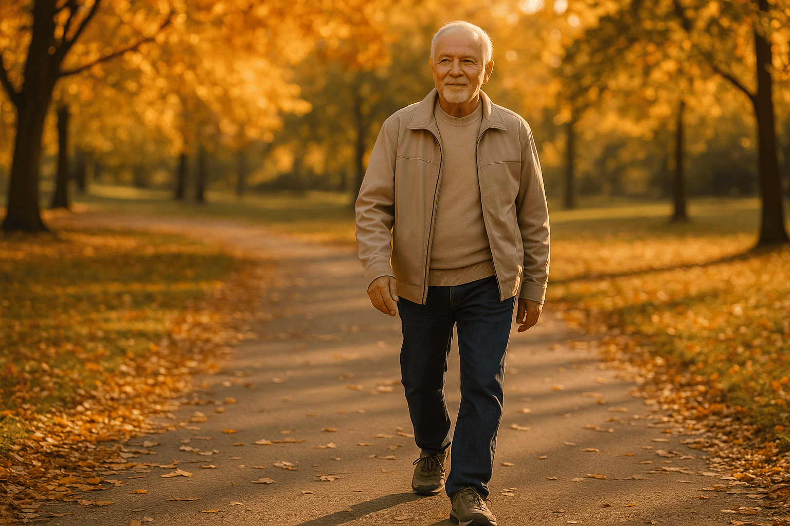 Senior man walking in a leafy park on a sunny autumn day.