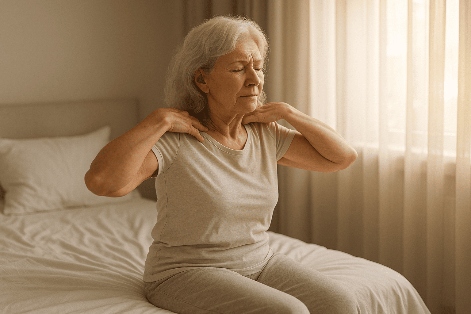 Senior woman stretching shoulder muscles in the morning after waking.