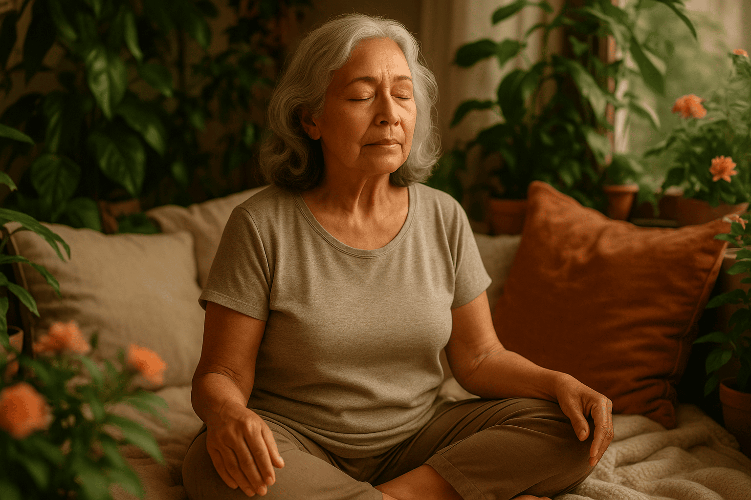 Senior woman practicing deep breathing in a cozy reading nook.