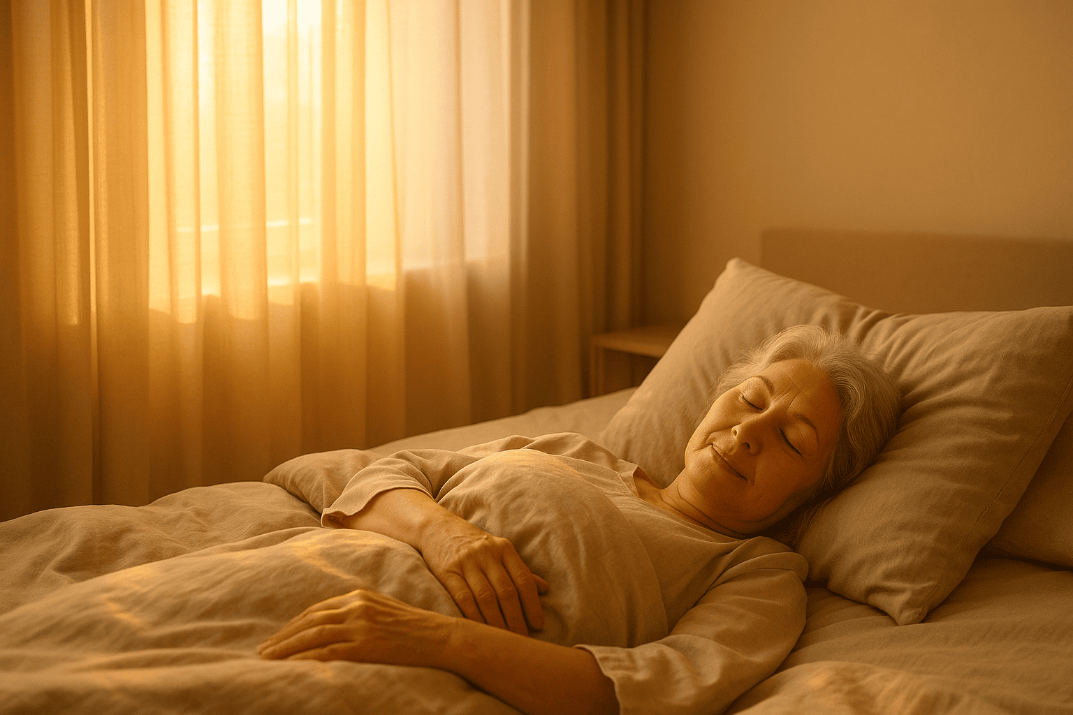 Senior woman sleeping peacefully in a softly lit bedroom at sunrise.