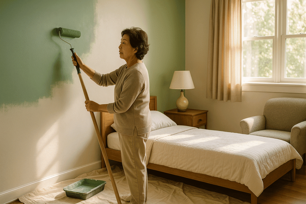 Korean senior woman painting bedroom wall in muted sage green with warm daylight.