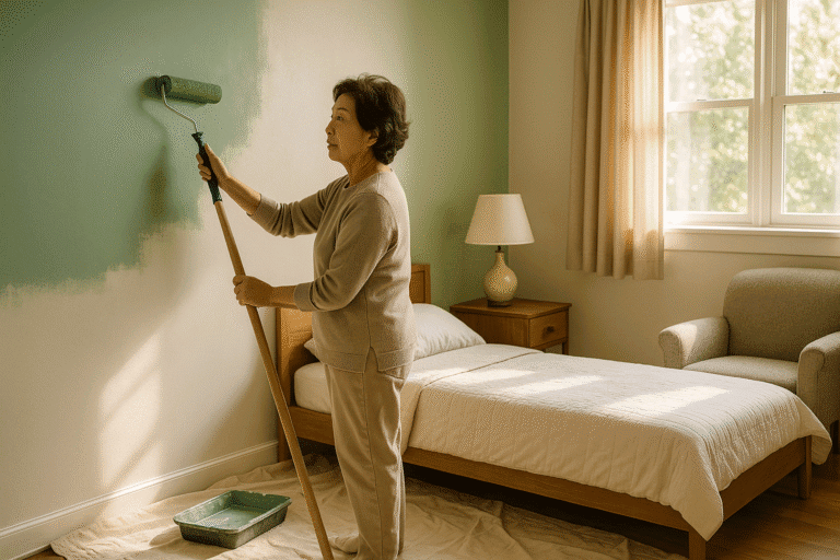Korean senior woman painting bedroom wall in muted sage green with warm daylight.