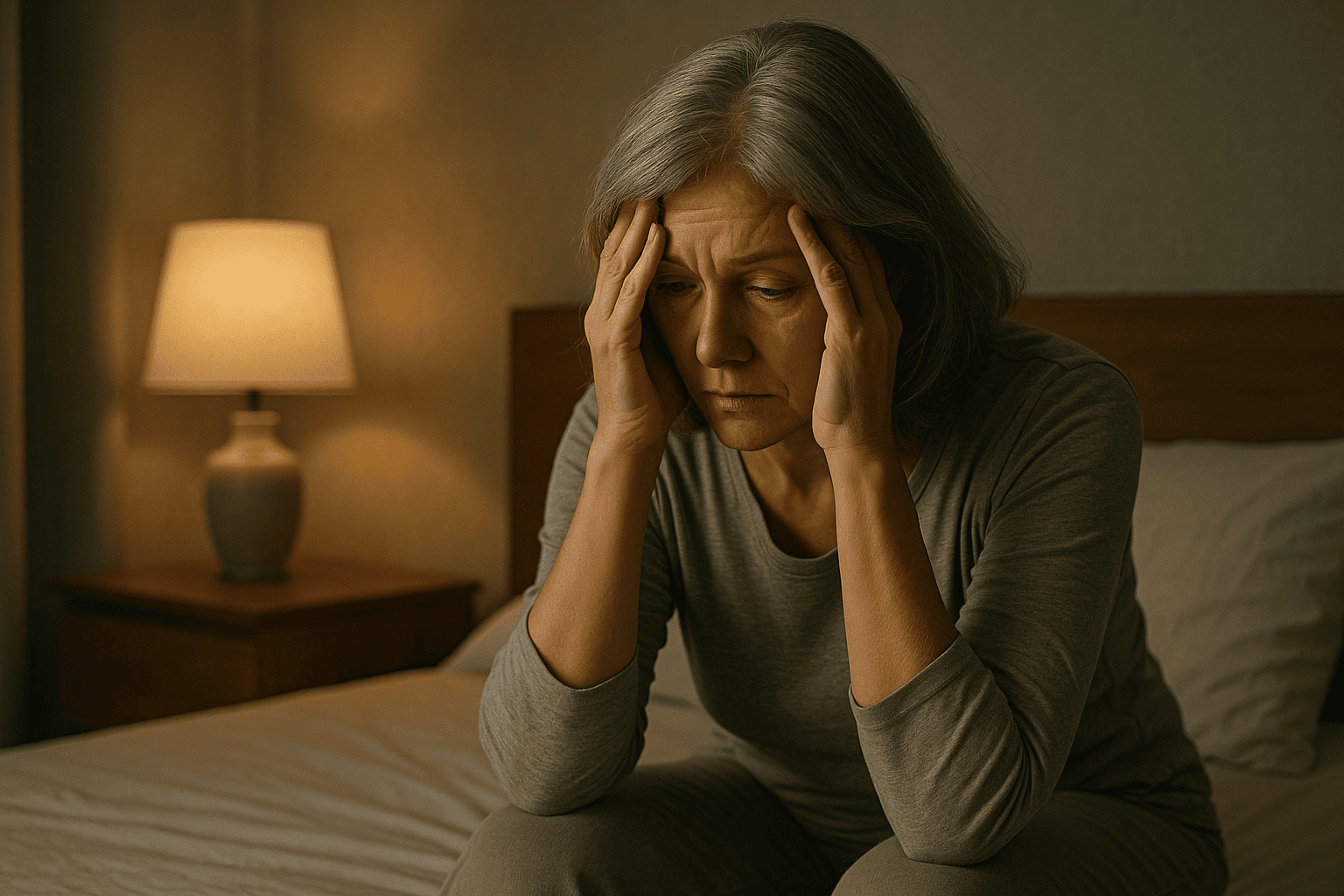 Midlife woman sitting on the edge of her bed at night, head in hands, warm bedside lamp light.