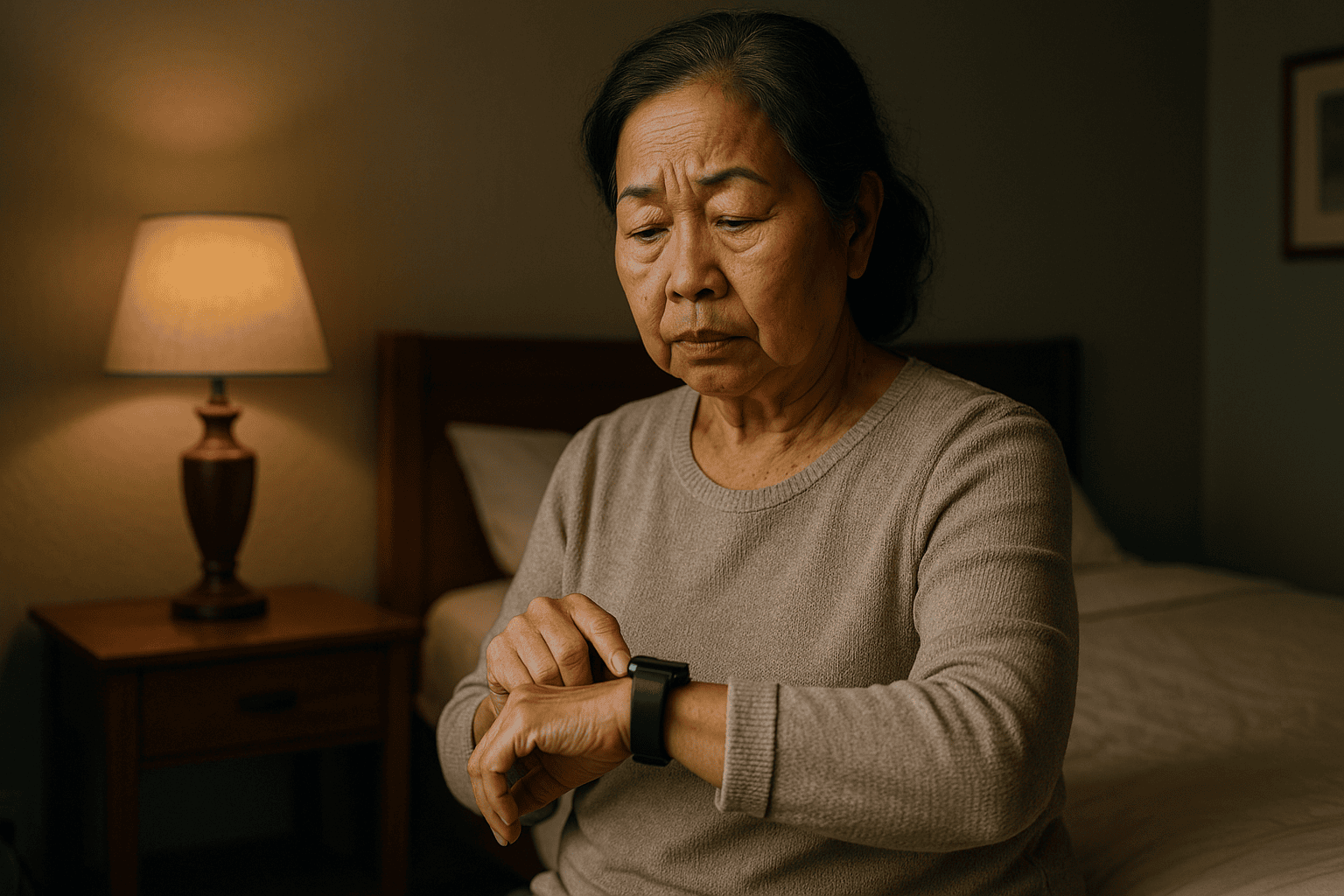 Senior woman checking smartwatch sleep tracker with concern.