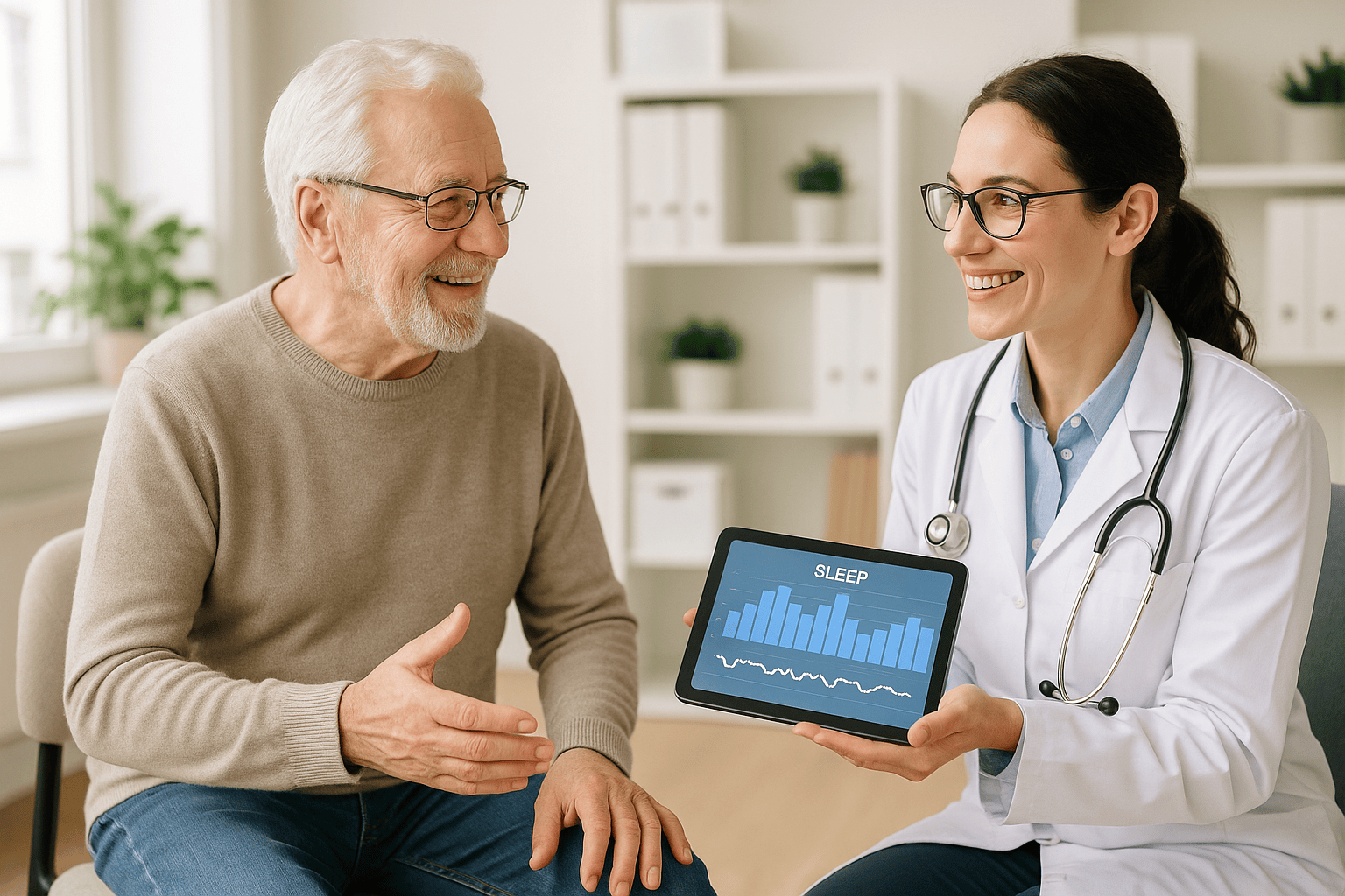 Senior discussing sleep tracker results with healthcare professional.