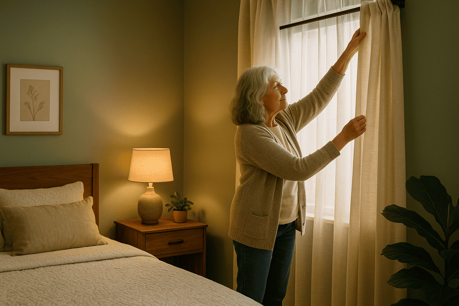 Senior woman decorating a sage green bedroom with cream curtains and warm lighting.