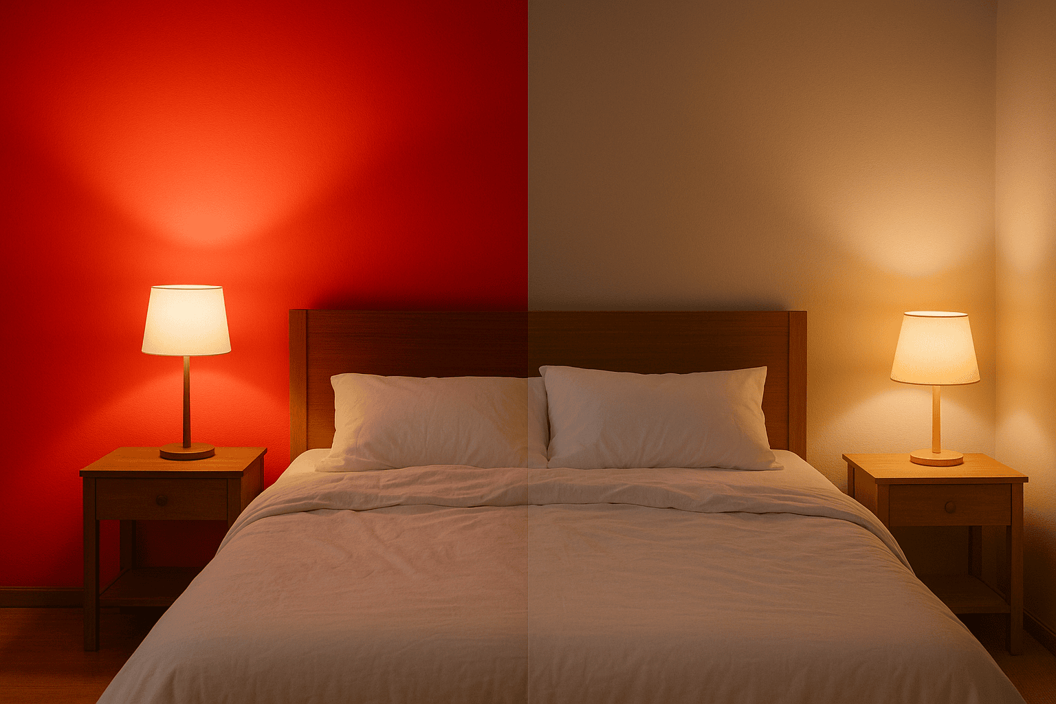 Side-by-side comparison of bright red vs muted bedroom colors for sleep.