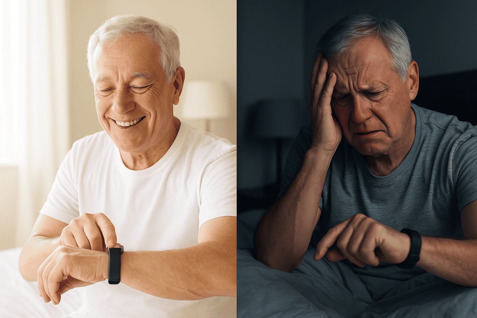 Split-screen showing positive and negative experiences with sleep trackers for seniors.