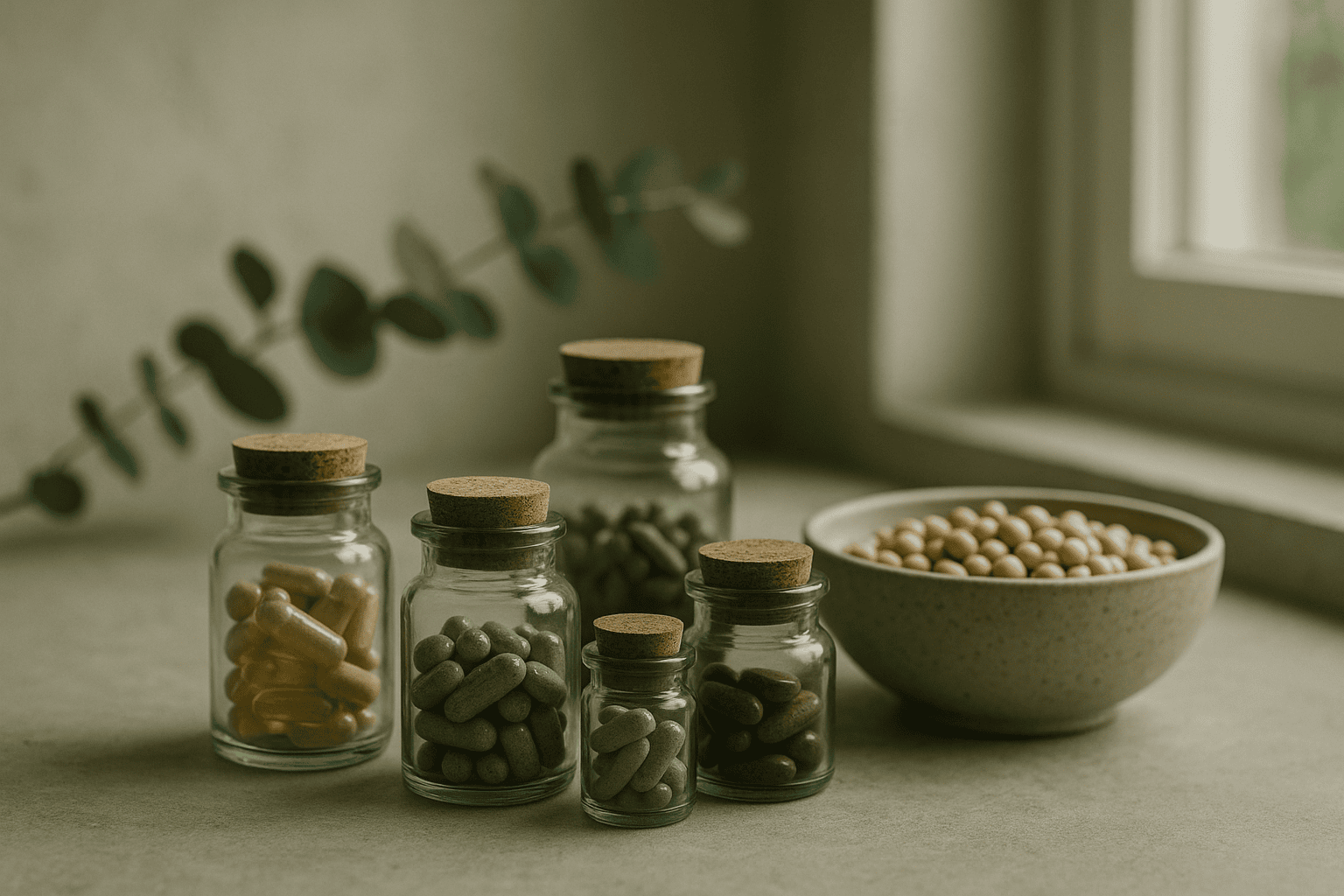 Kitchen counter with small glass jars of herbal supplements and a bowl of soybeans, soft daylight.