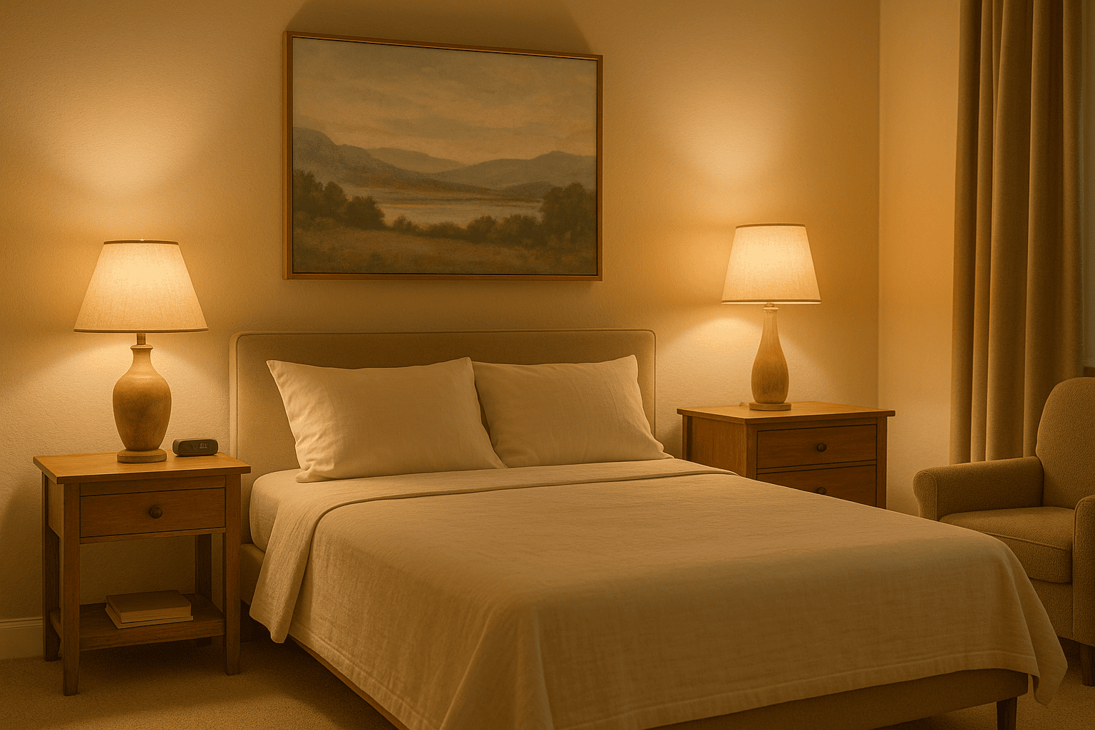 Senior-friendly bedroom with neutral beige walls and layered warm lighting.