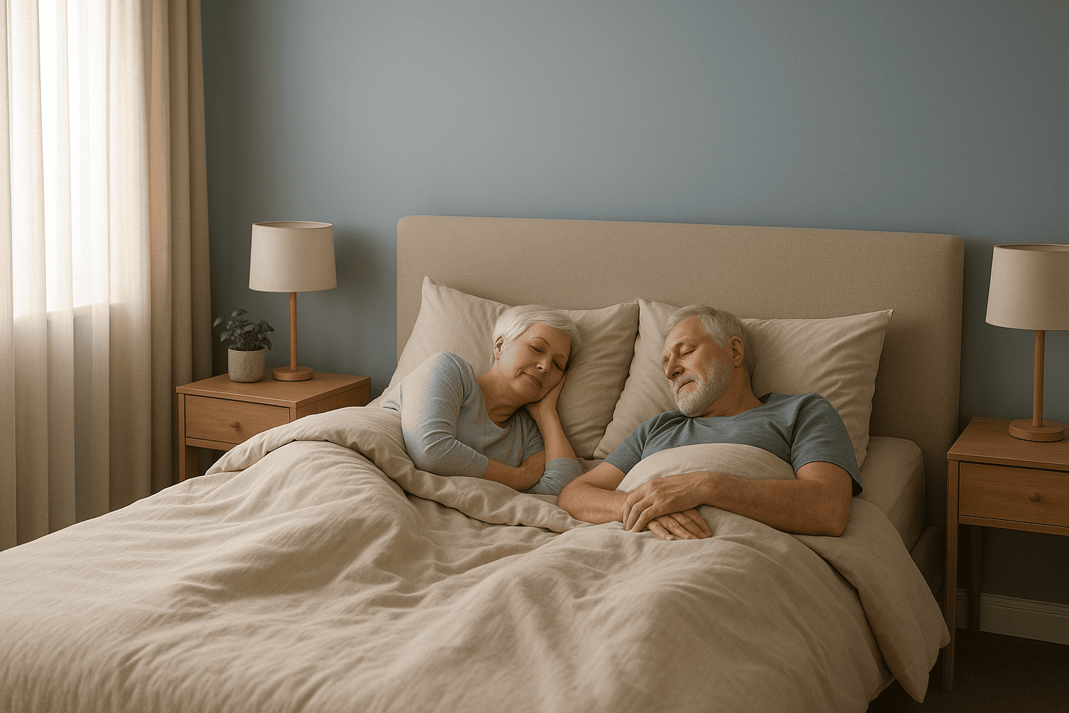 Soft blue-gray senior bedroom with warm beige bedding and morning sunlight.