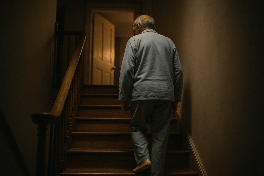 Senior man heads to bed wearing his comfy pajamas, part of his bedtime routine.