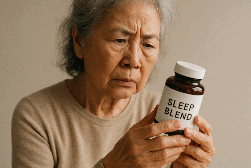 Elderly woman studies the label on a sleep blend supplement.