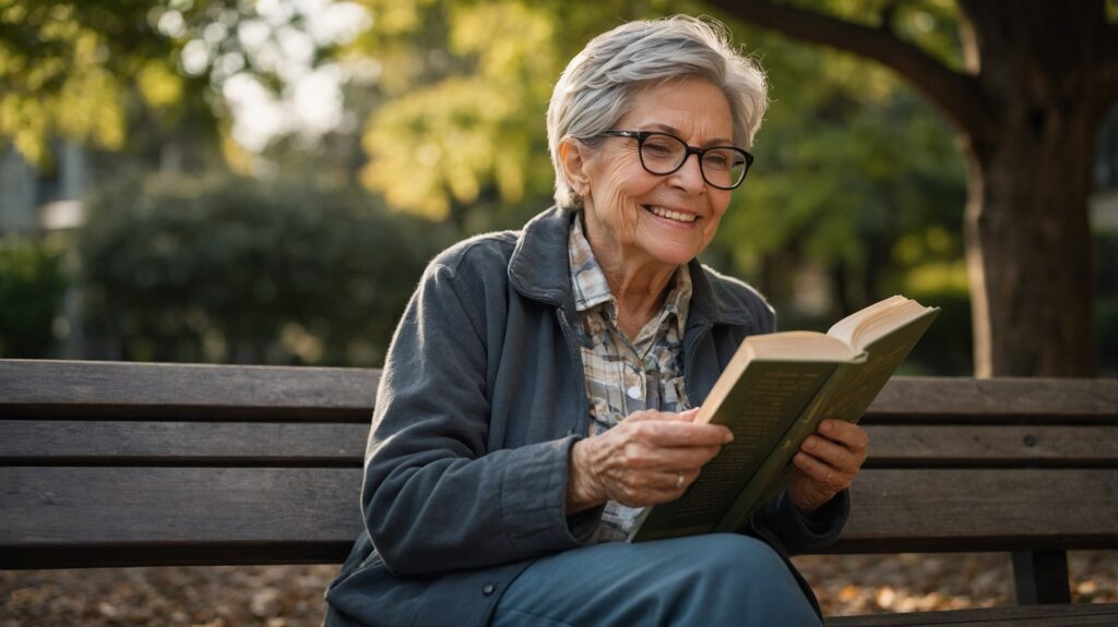Smiling older woman with glasses reads a book on a park bench under leafy trees